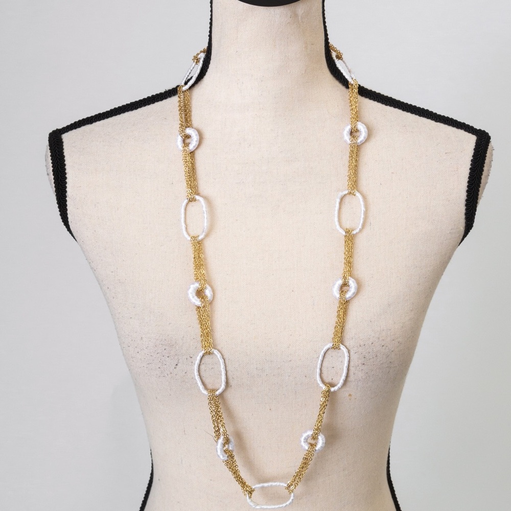Longer length link chain gold look mixed with white fabric 36”